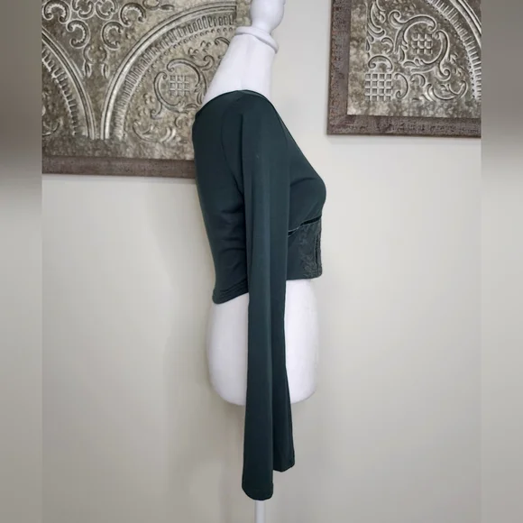 Forest Green Fairycore Bell Sleeve Velvet Trim Cropped Top Medium Whimsigoth - Picture 7 of 12